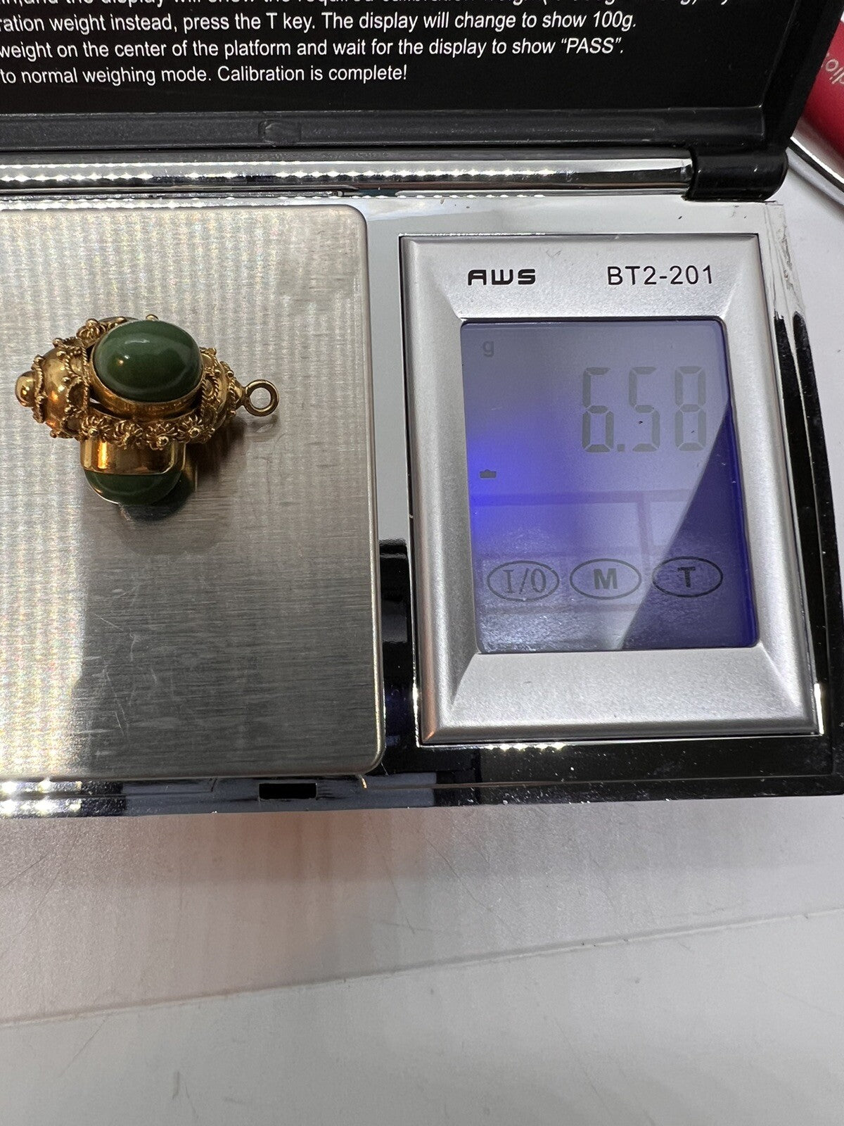 18K Gold Etruscan Revival Chrysoprase? Bracelet Charm Fob Necklace Pendant 6.5g