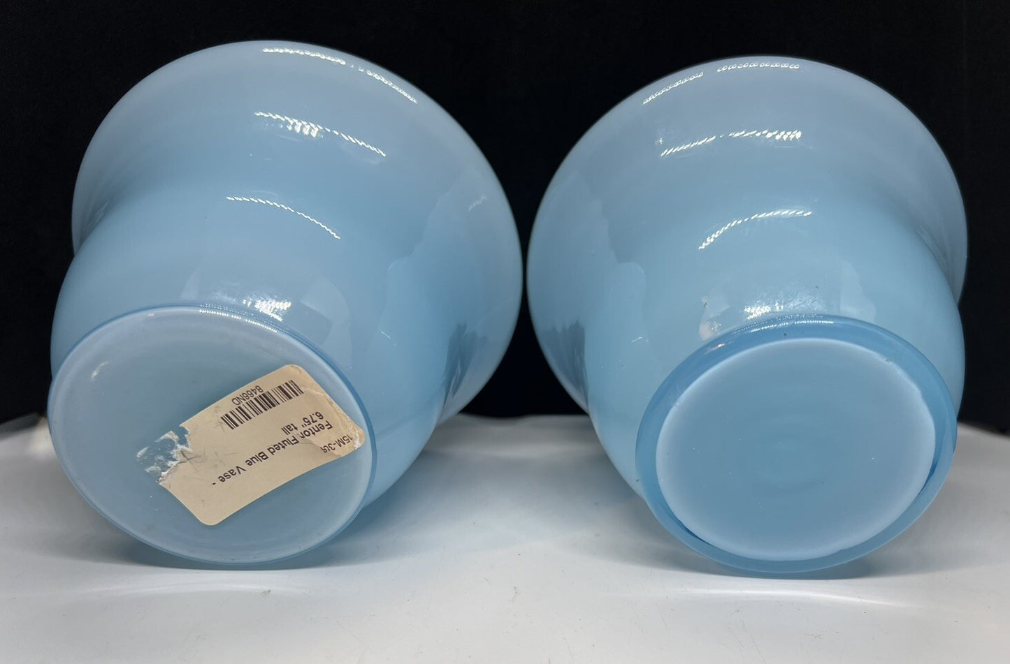 2 - 1940’s Fenton Blue Overlay Tri-Crimp Vases Great Mantle /Centerpiece Vases