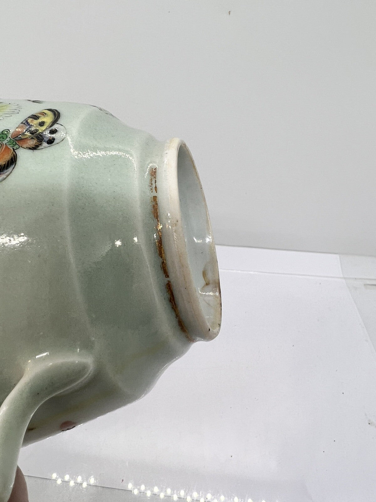 19C Lg Chinese Celadon Famille Rose Cherry Blossom Brd Butterfly Tea Cup Canton