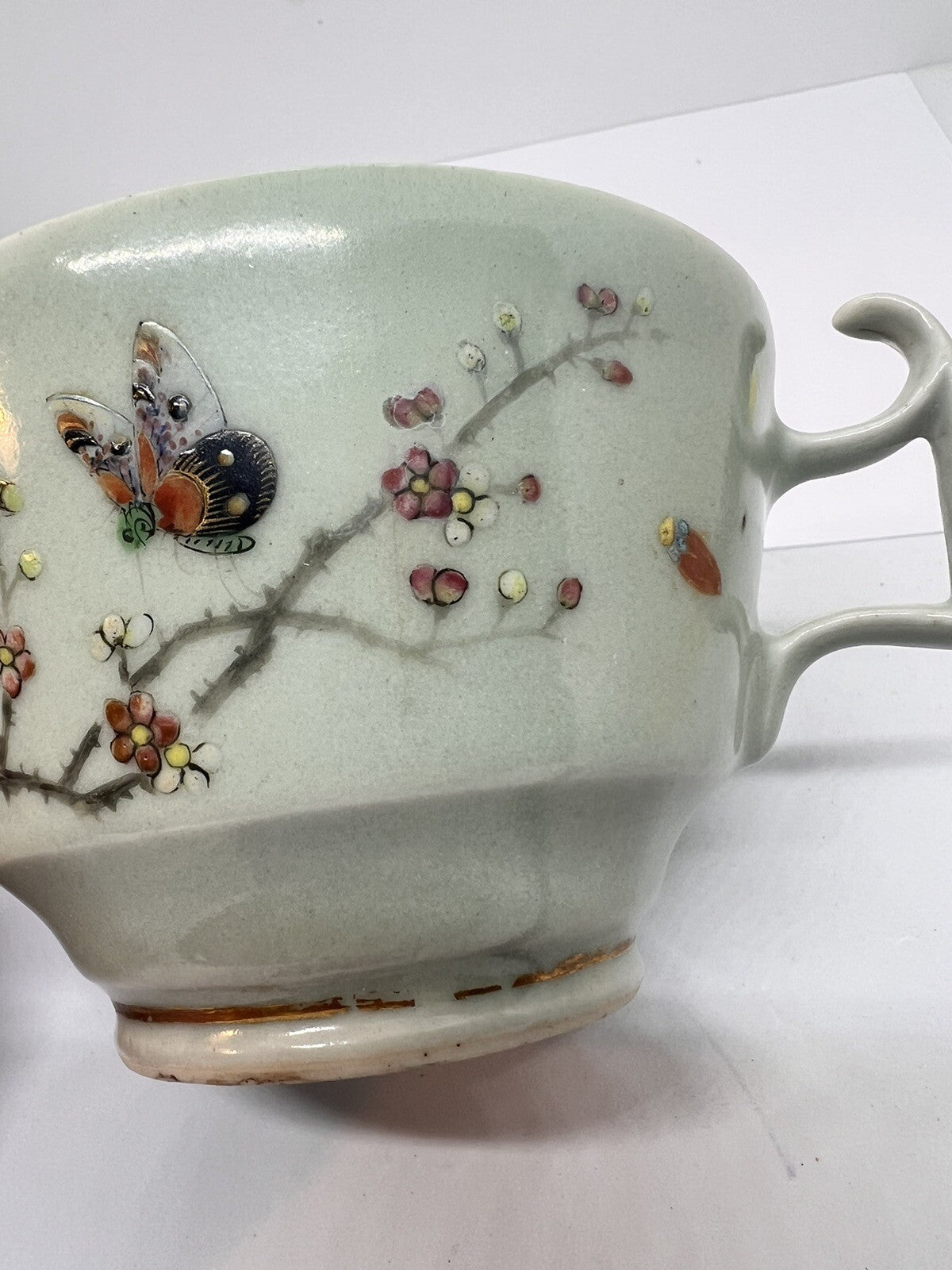 19C Lg Chinese Celadon Famille Rose Cherry Blossom Brd Butterfly ￼Tea Cup Canton