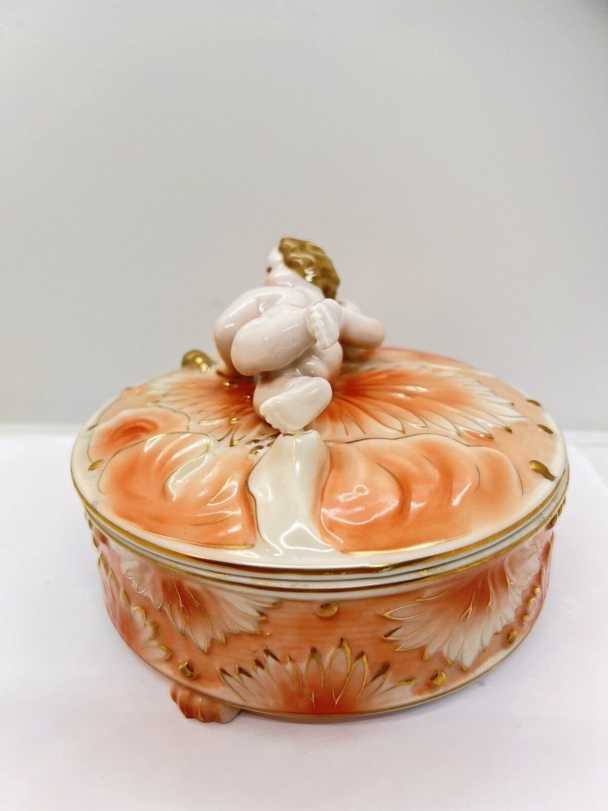 Antique Cherub Lg 6” Peach Gold Encrusted Jewelry Casket Powder Vanity Candy Box