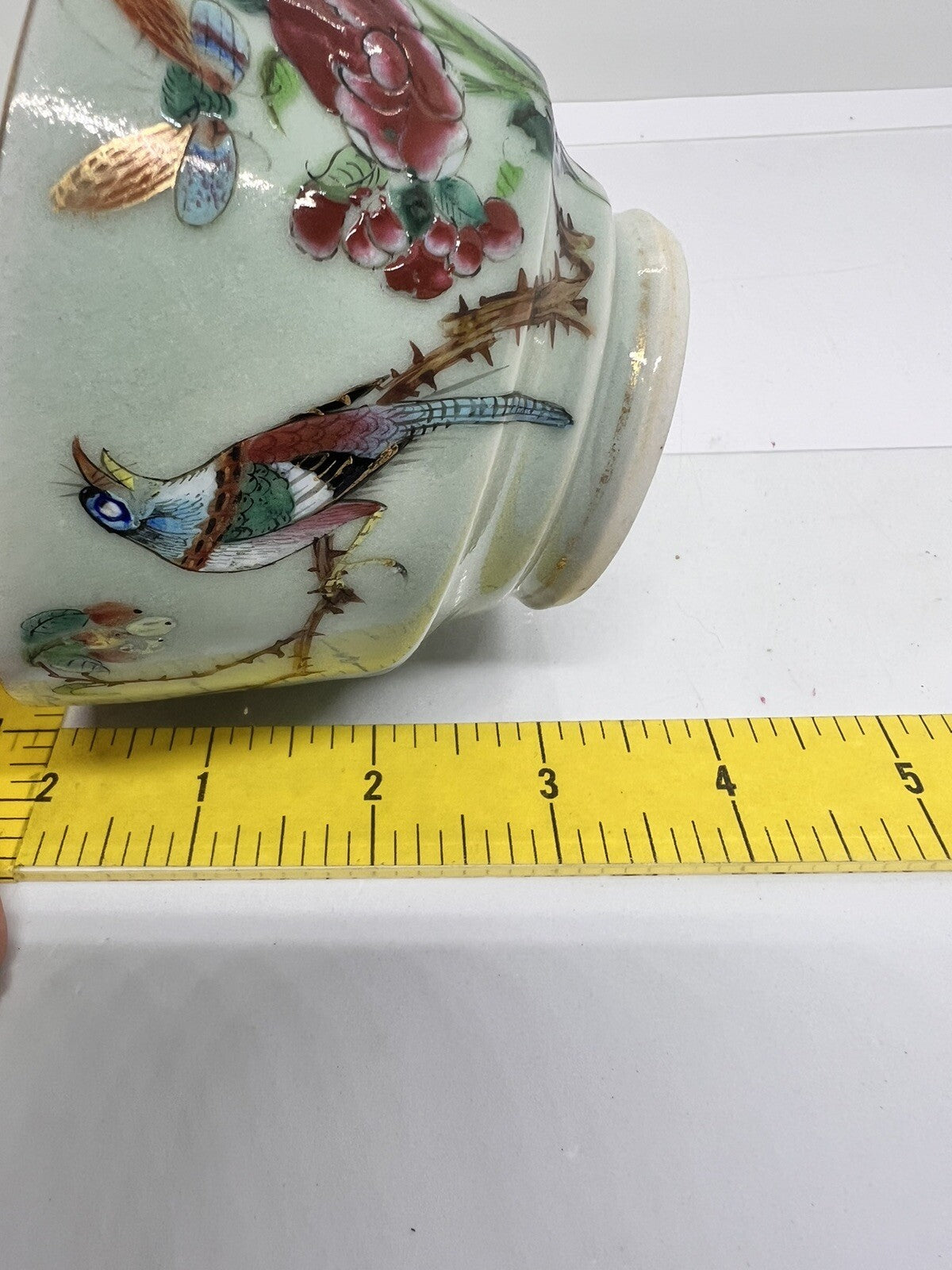19C Lg Chinese Celadon Famille Rose Bird Fruit Flower Butterfly ￼Tea Cup Canton