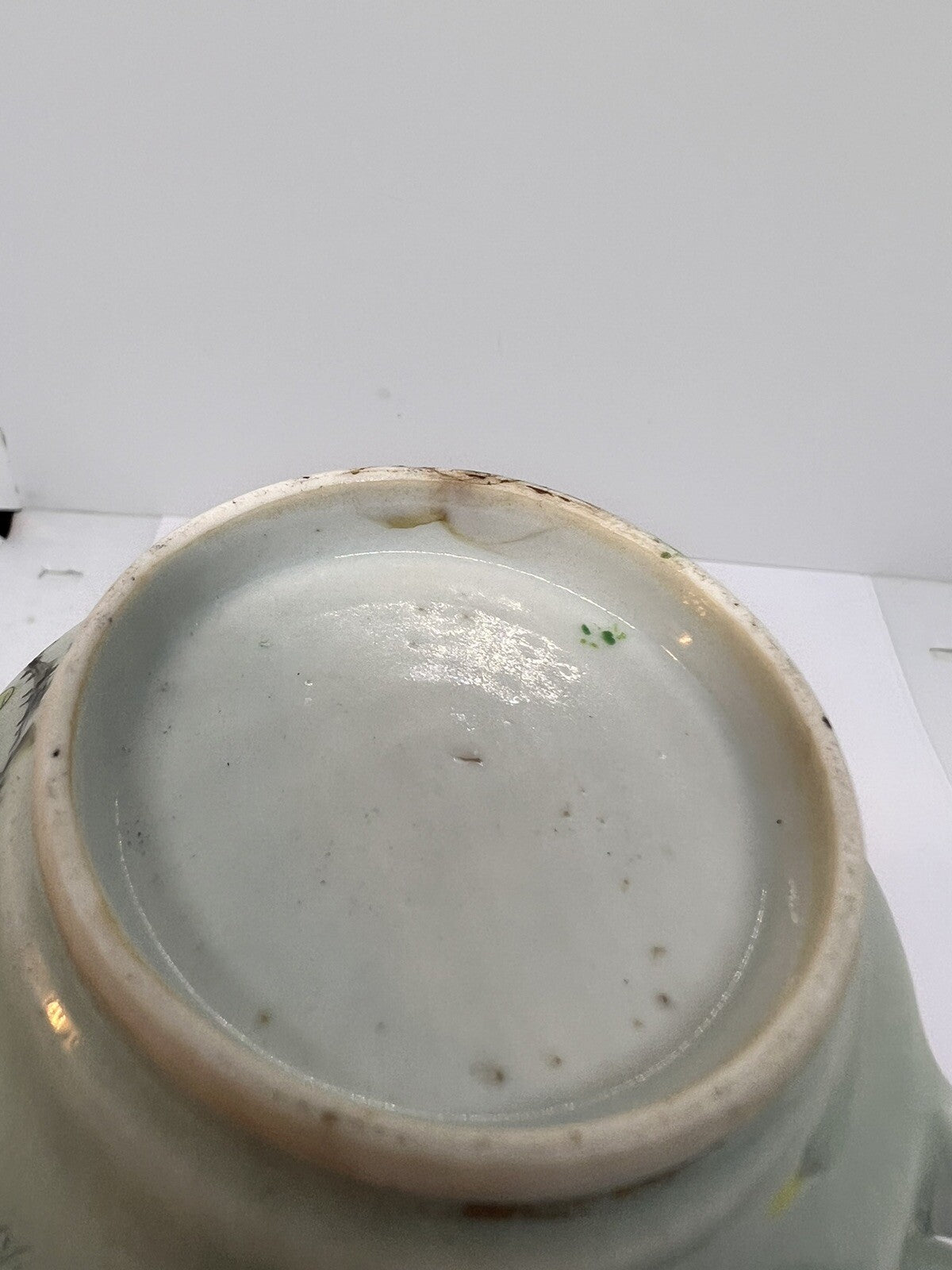 19C Lg Chinese Celadon Famille Rose Cherry Blossom Brd Butterfly ￼Tea Cup Canton