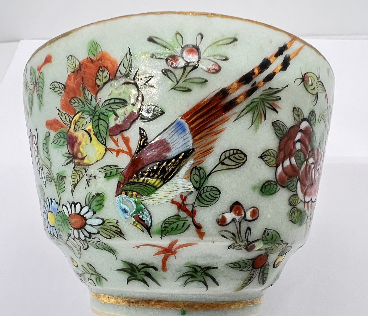 19C Chinese Celadon Famille Rose Pheasant Fruit Flower Butterfly ￼Tea Cup Canton