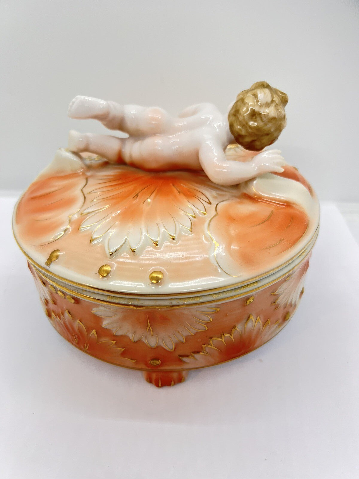 Antique Cherub Lg 6” Peach Gold Encrusted Jewelry Casket Powder Vanity Candy Box