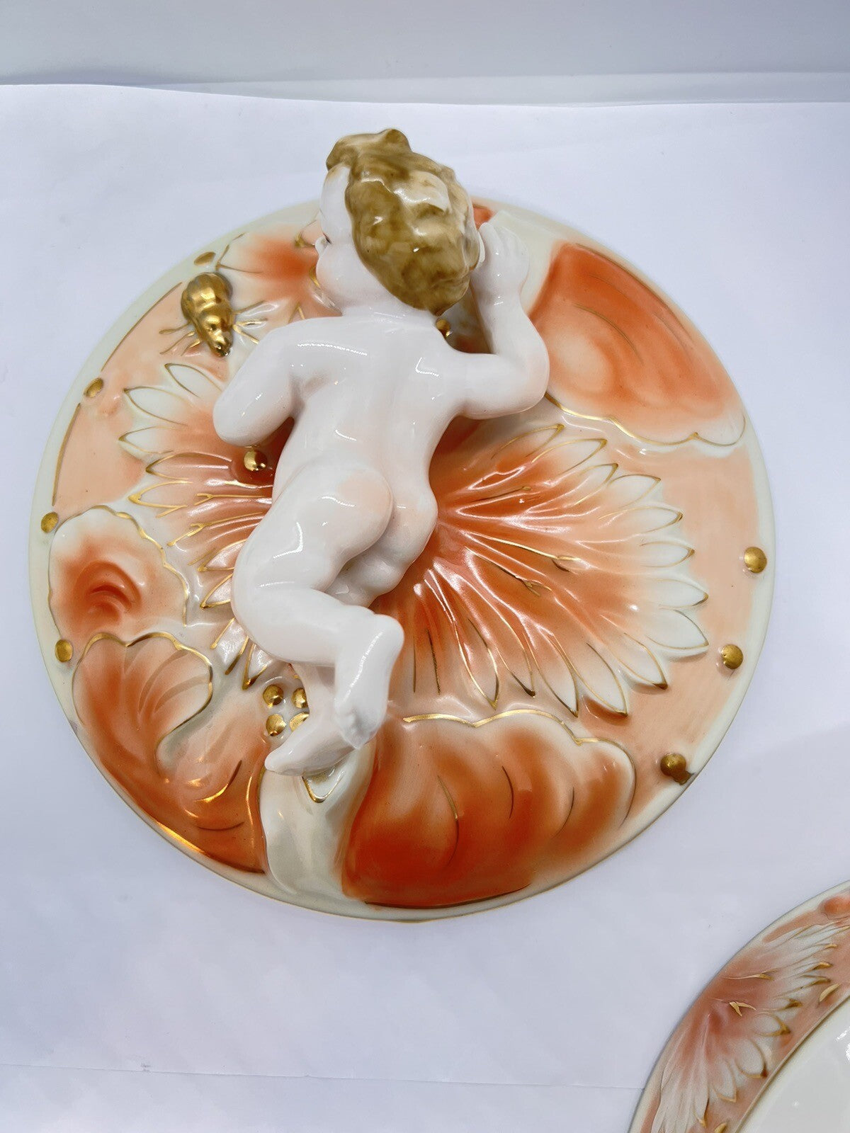 Antique Cherub Lg 6” Peach Gold Encrusted Jewelry Casket Powder Vanity Candy Box