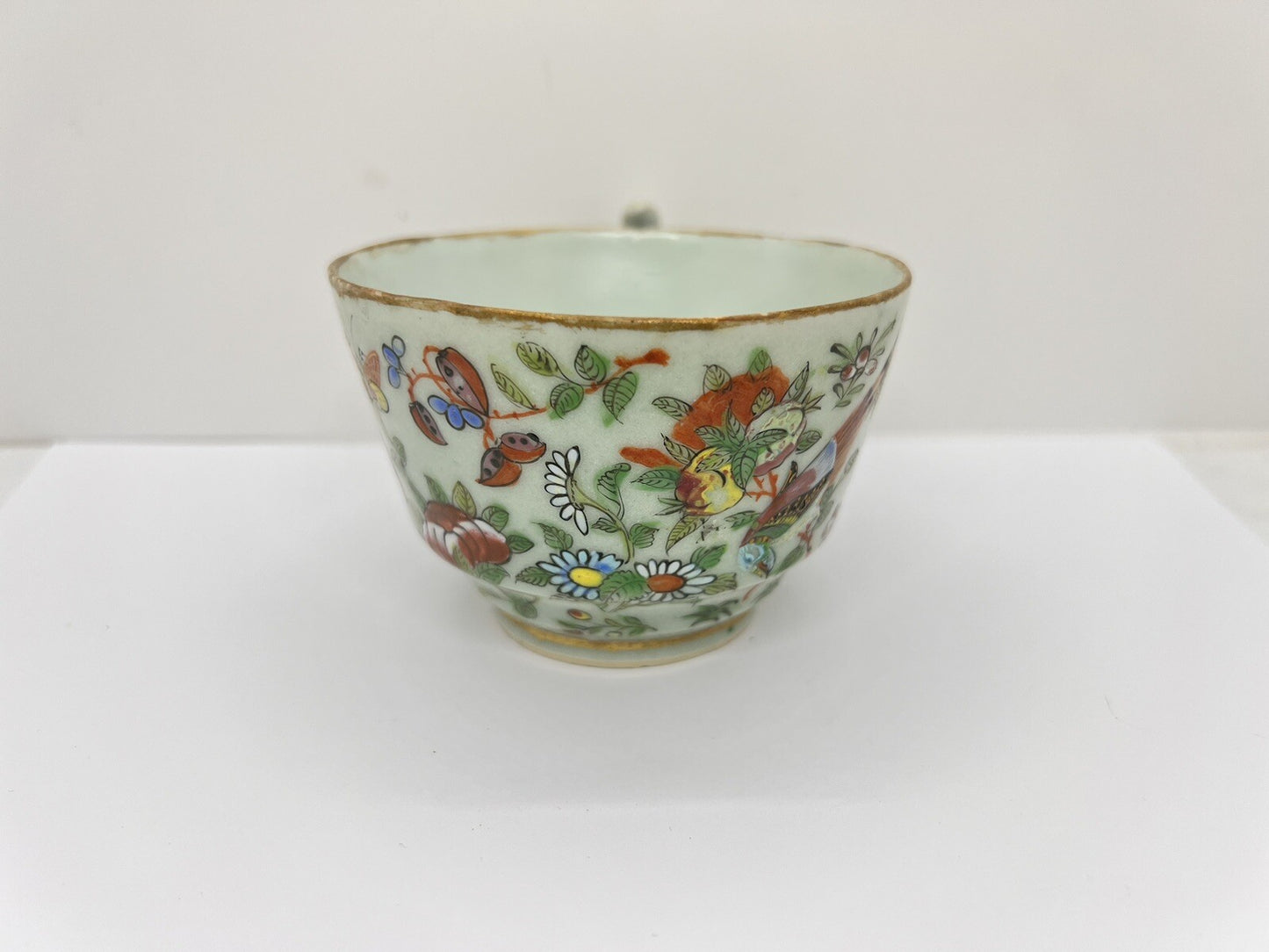 19C Chinese Celadon Famille Rose Pheasant Fruit Flower Butterfly ￼Tea Cup Canton