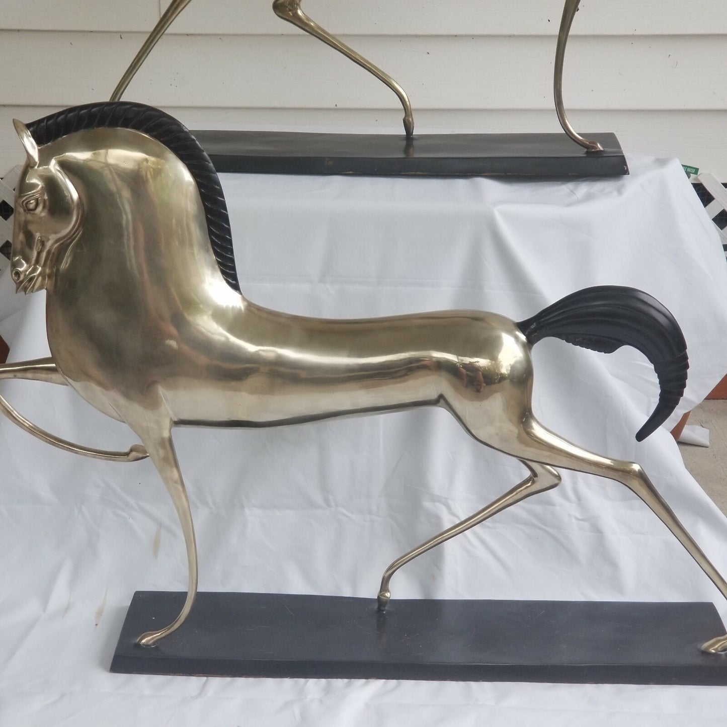 2 - 37" MCM Etruscan Silvered Brass Horse(s) Sculptures in Lovet-Lorski Style