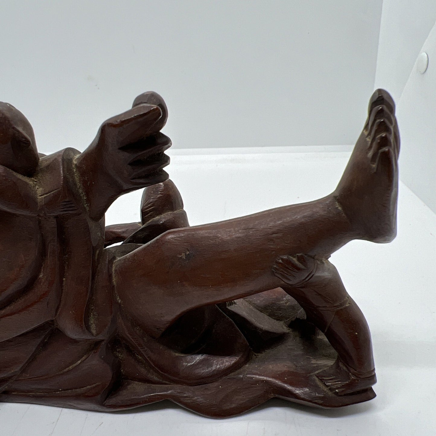 Antique Chinese Carved Boxwood Reclining Hotei Happy Buddha Wood No Base