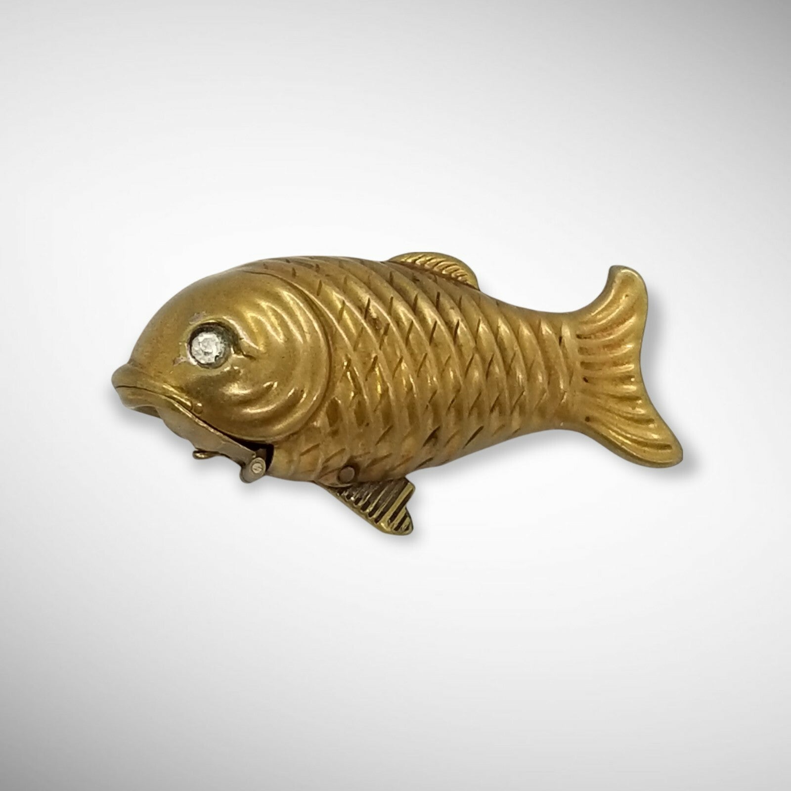 Antique Brass Figural Fish Match Safe Vesta Case Glass Eyes Mechanical