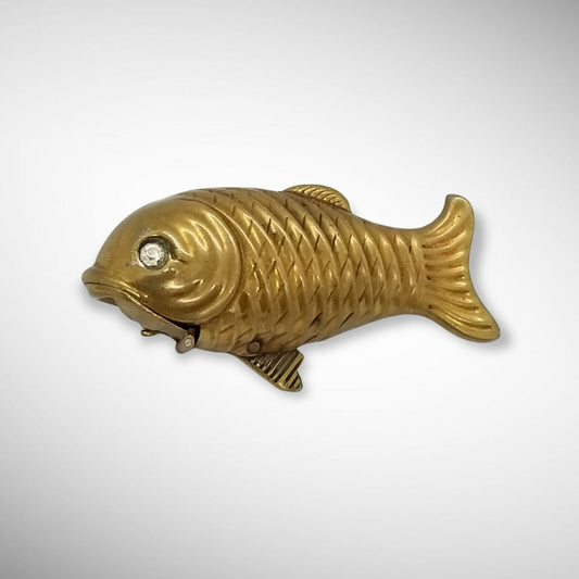 Antique Brass Figural Fish Match Safe Vesta Case Glass Eyes Mechanical