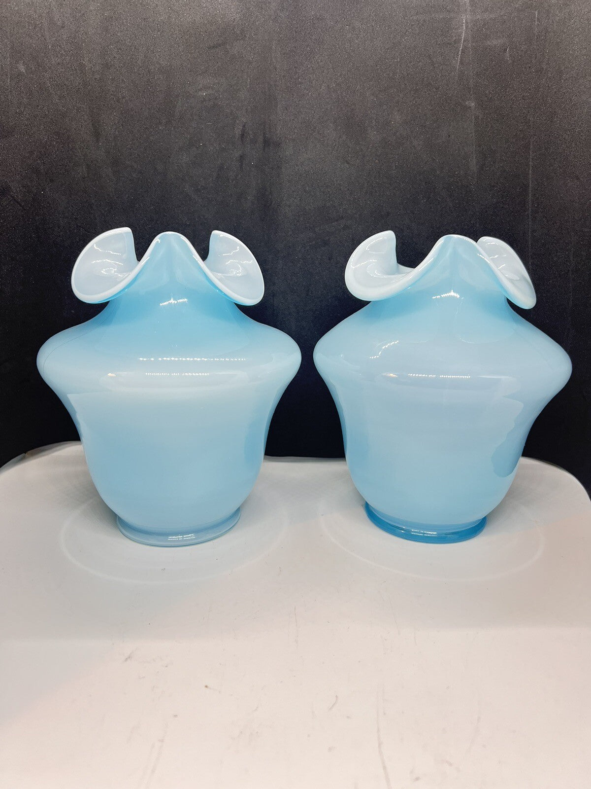 2 - 1940’s Fenton Blue Overlay Tri-Crimp Vases Great Mantle /Centerpiece Vases