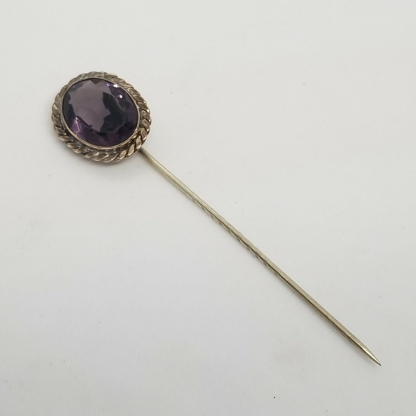 ANTIQUE Victorian 10K White Gold Bezel Set Large Amethyst Stick Hat Pin Vintage
