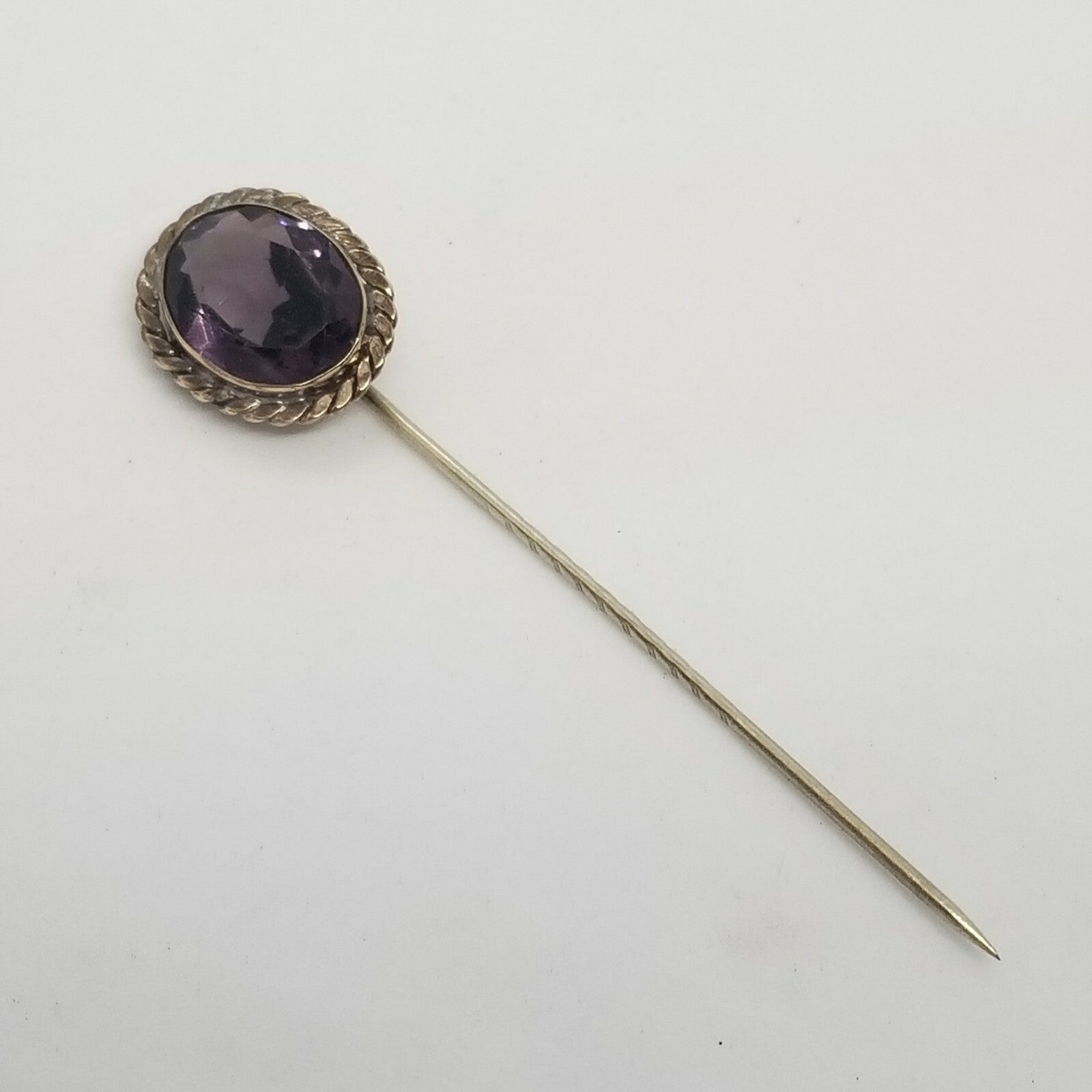 ANTIQUE Victorian 10K White Gold Bezel Set Large Amethyst Stick Hat Pin Vintage