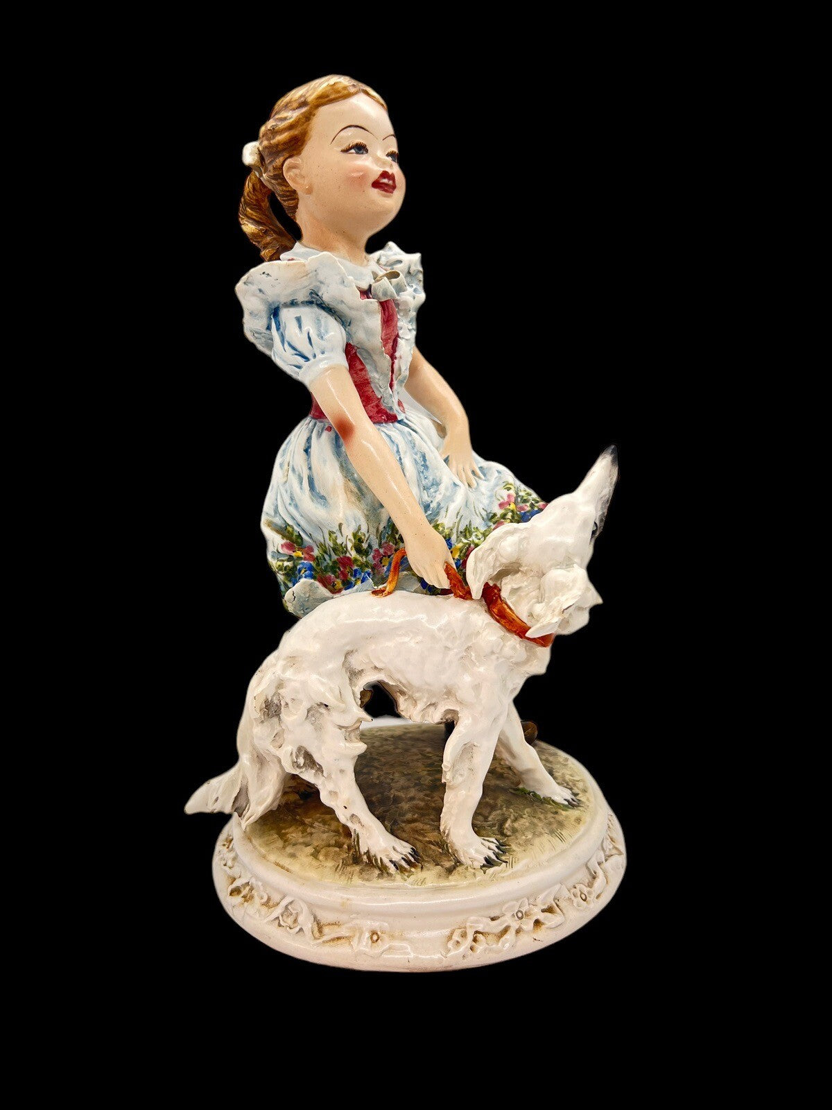 1950’s Borzoi & Girl w Floral Trim Mollica dog 10" Capodimonte Figurine Italy