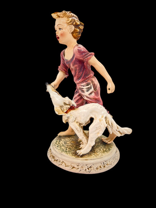 1950’s Borzoi & Boy Signed C. Mollica 10" Capodimonte Dog Figurine Italy