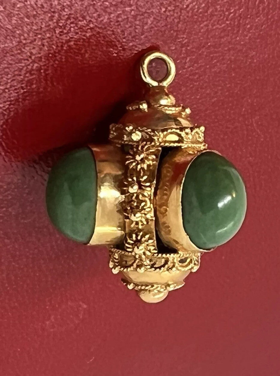 18K Gold Etruscan Revival Chrysoprase? Bracelet Charm Fob Necklace Pendant 6.5g