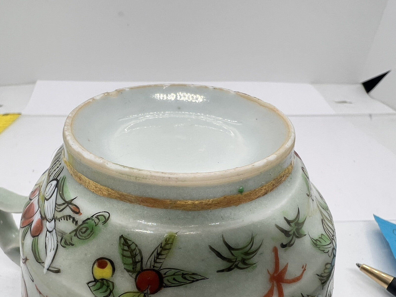 19C Chinese Celadon Famille Rose Pheasant Fruit Flower Butterfly ￼Tea Cup Canton