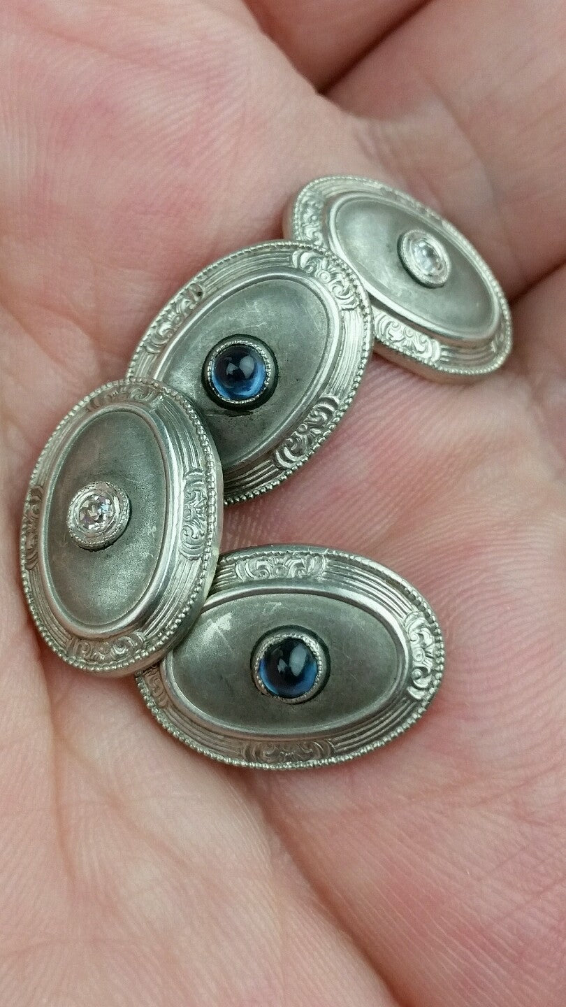 1920's Art Deco Night & Day Solid 14k Gold Mine Cut Diamond & Sapphire Cufflinks
