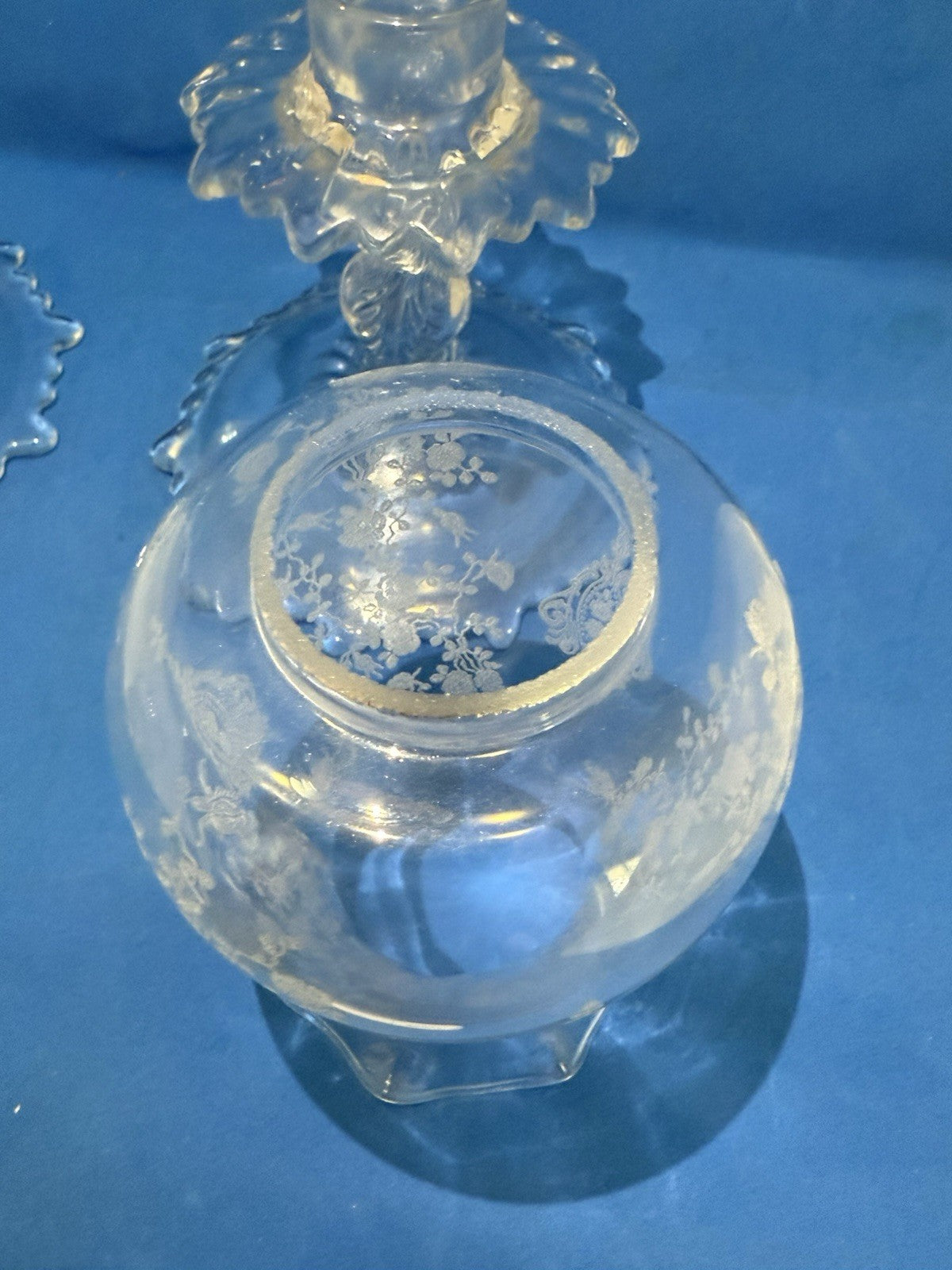 2 Cambridge Etched Glass Rose Point Base #1617 Hurricane Lamp Candle Holders