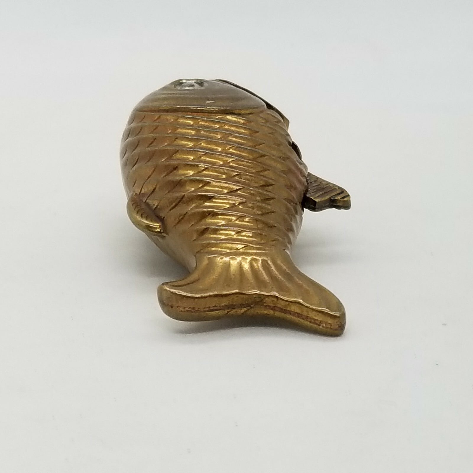 Antique Brass Figural Fish Match Safe Vesta Case Glass Eyes Mechanical