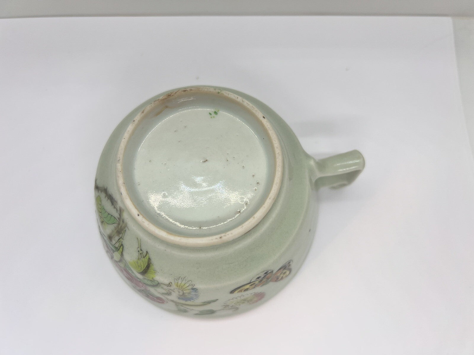 19C Lg Chinese Celadon Famille Rose Cherry Blossom Brd Butterfly ￼Tea Cup Canton