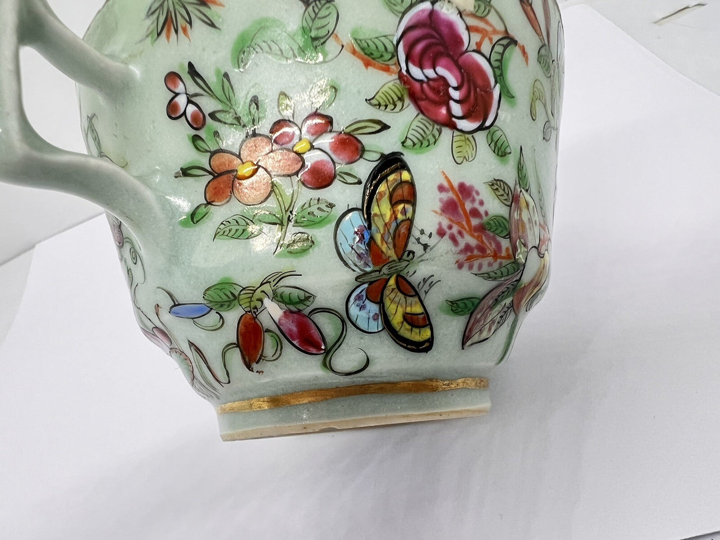 19C Chinese Celadon Famille Rose Pheasant Fruit Flower Butterfly ￼Tea Cup Canton