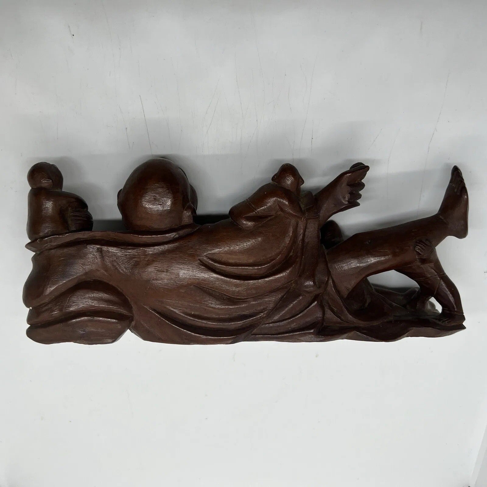 Antique Chinese Carved Boxwood Reclining Hotei Happy Buddha Wood No Base