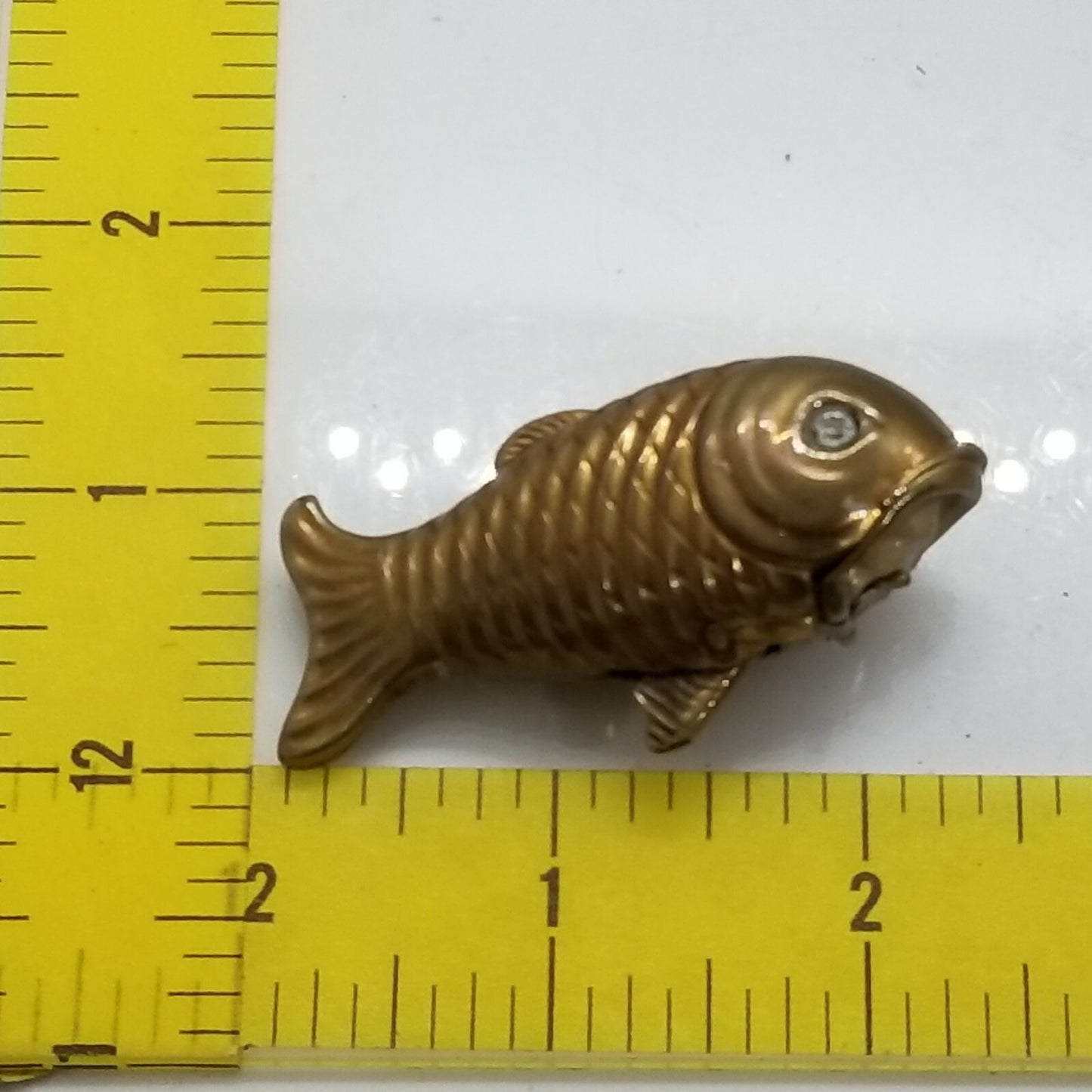 Antique Brass Figural Fish Match Safe Vesta Case Glass Eyes Mechanical