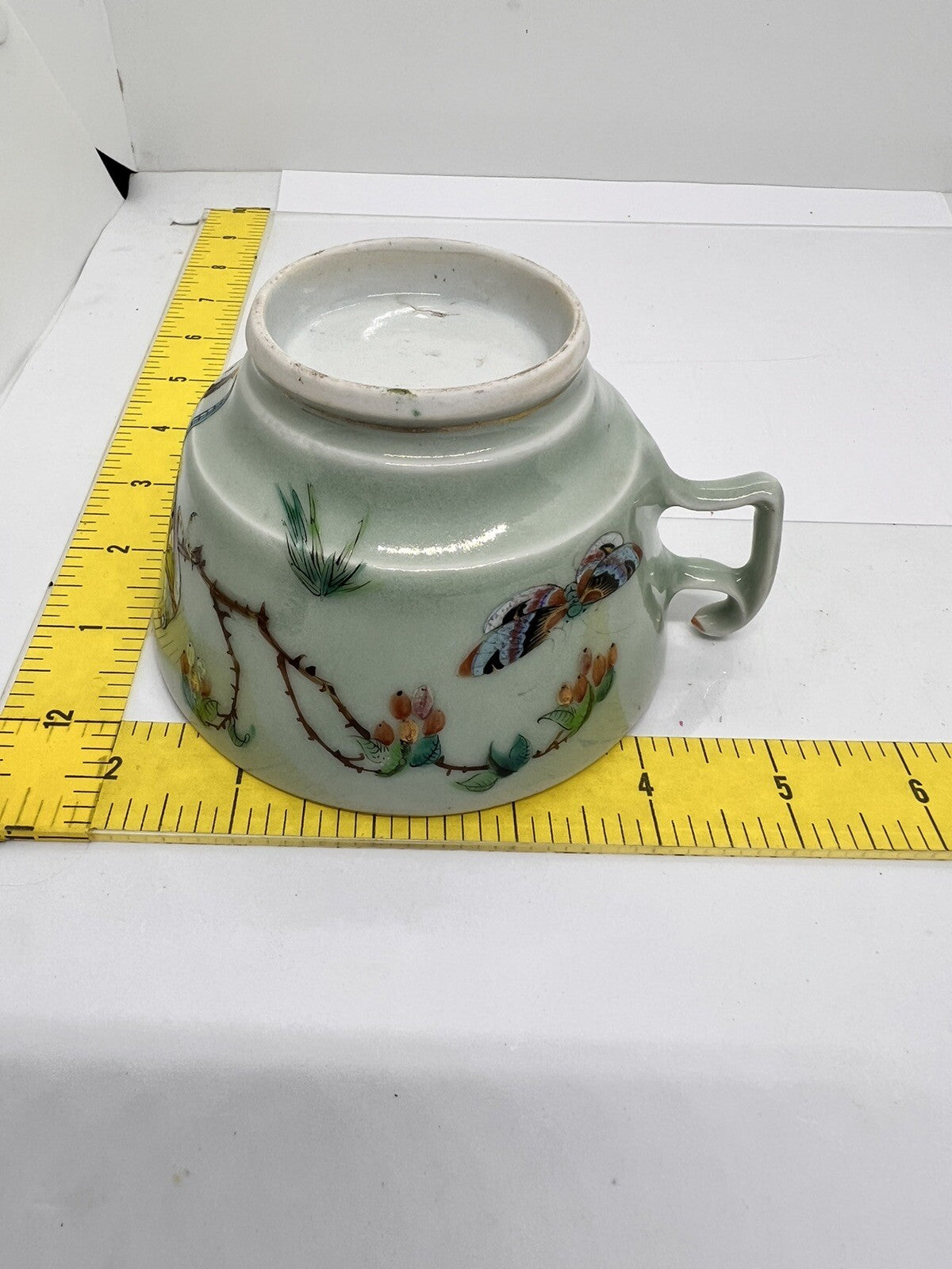 19C Lg Chinese Celadon Famille Rose Bird Fruit Flower Butterfly ￼Tea Cup Canton