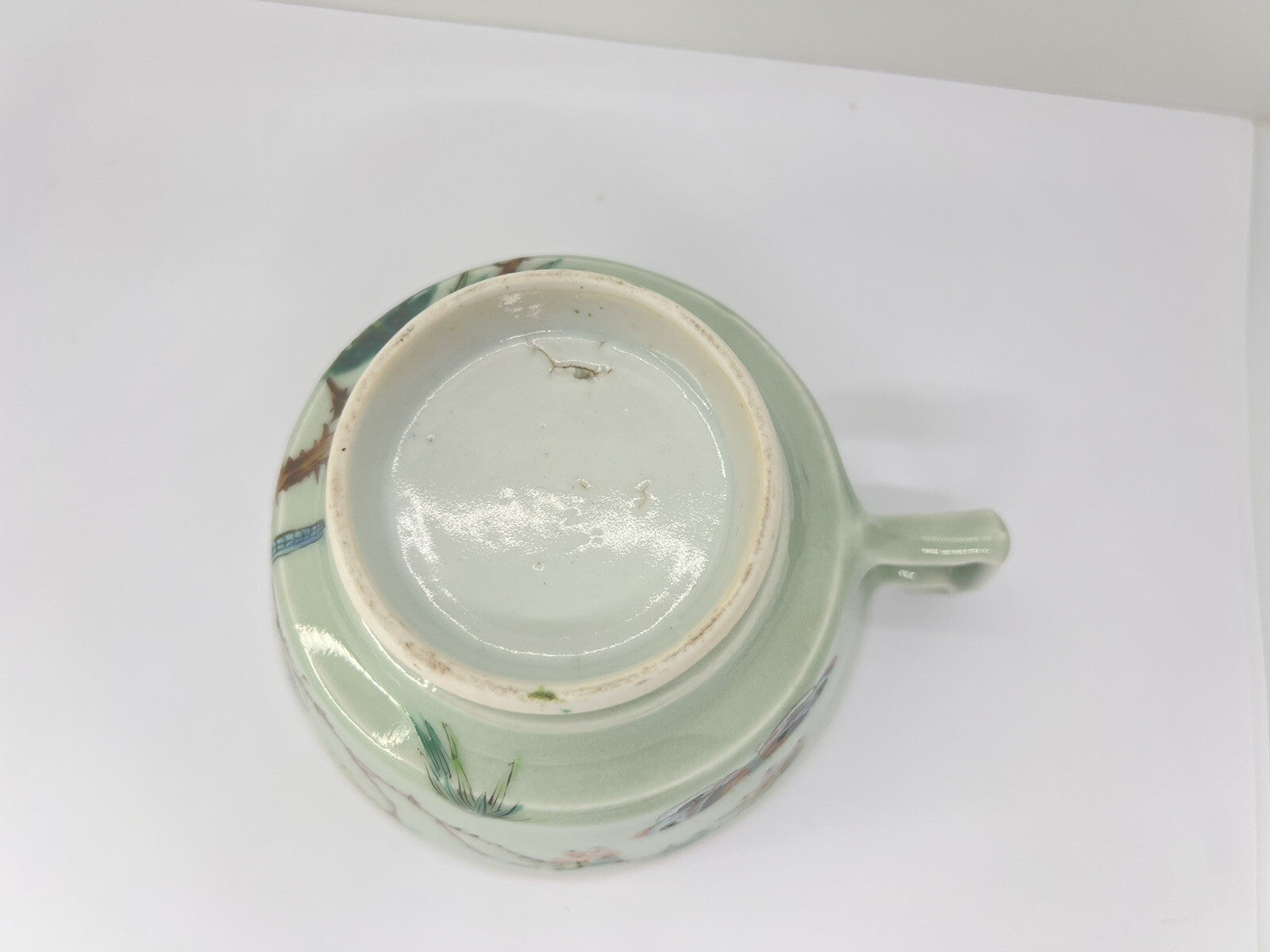 19C Lg Chinese Celadon Famille Rose Bird Fruit Flower Butterfly ￼Tea Cup Canton