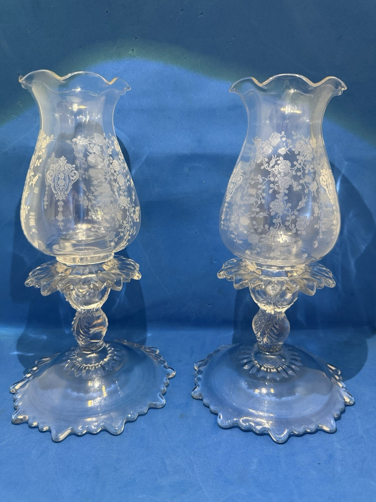 2 Cambridge Etched Glass Rose Point Base #1617 Hurricane Lamp Candle Holders