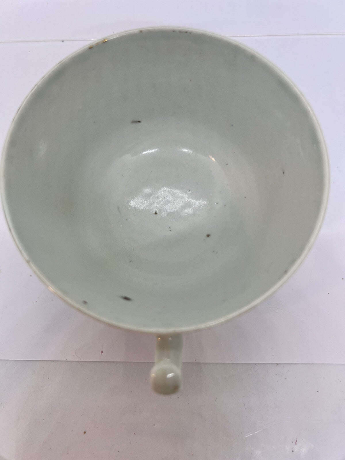 19C Lg Chinese Celadon Famille Rose Cherry Blossom Brd Butterfly ￼Tea Cup Canton