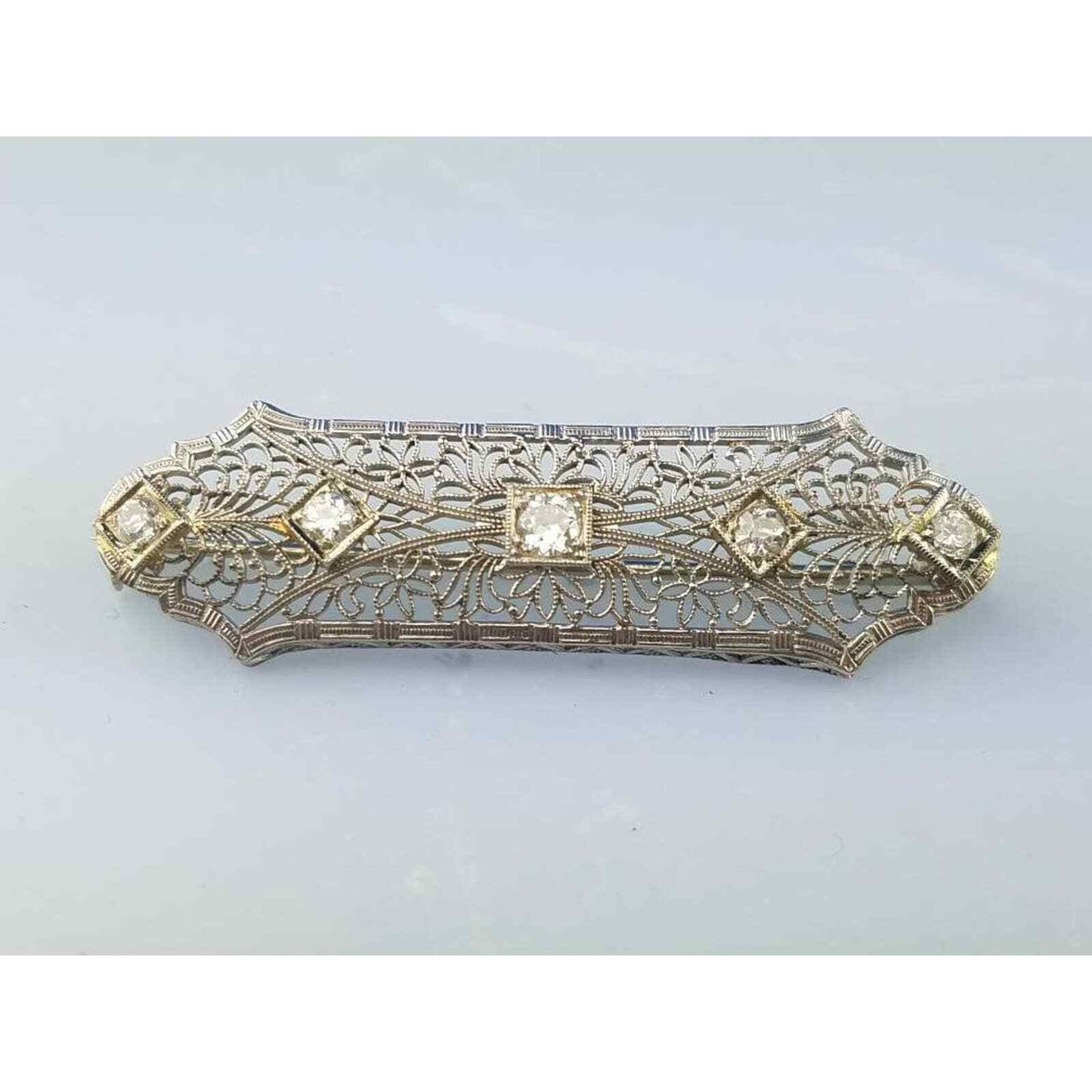 Antique Art Deco Diamond 14k Solid Gold & Platinum Filigree Bar Brooch Pin 4.5g