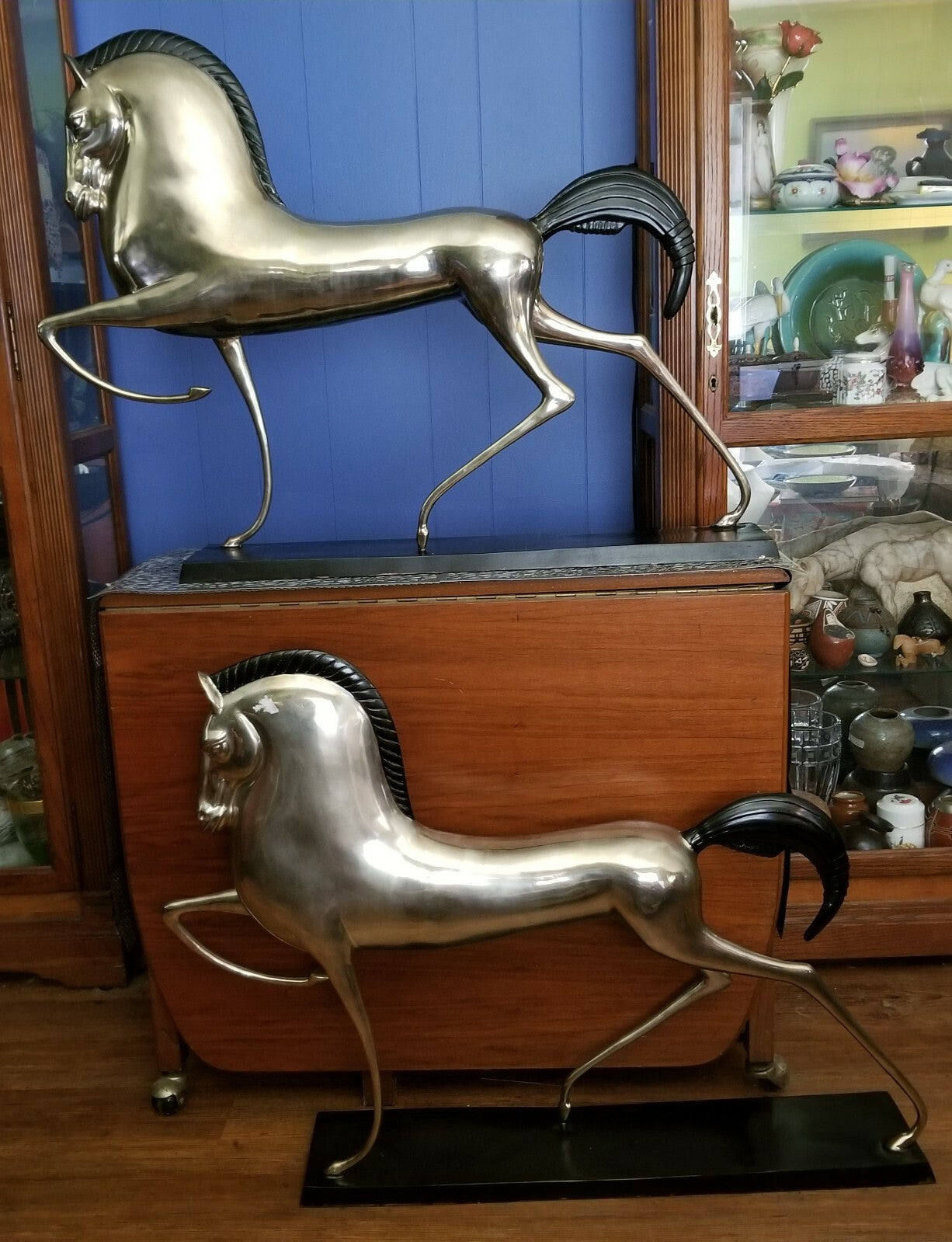 2 - 37" MCM Etruscan Silvered Brass Horse(s) Sculptures in Lovet-Lorski Style
