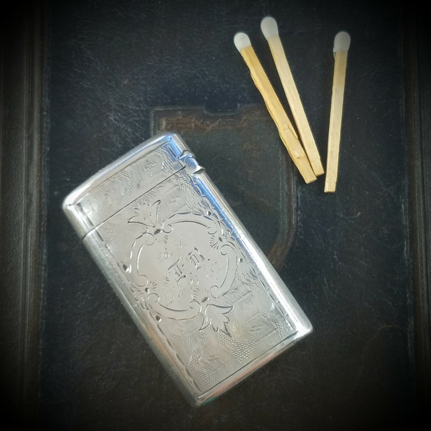 Antique 1874 GORHAM Hand-decorated Bright Cut Sterling Silver Match Safe Vesta