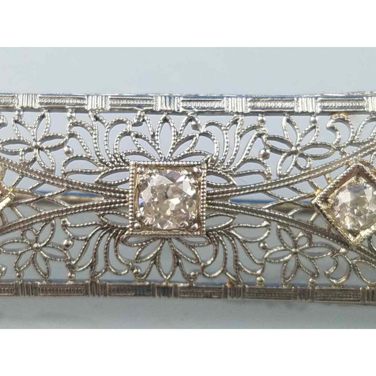 Antique Art Deco Diamond 14k Solid Gold & Platinum Filigree Bar Brooch Pin 4.5g