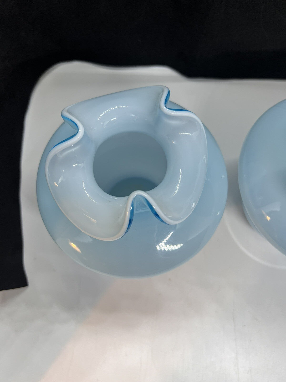 2 - 1940’s Fenton Blue Overlay Tri-Crimp Vases Great Mantle /Centerpiece Vases