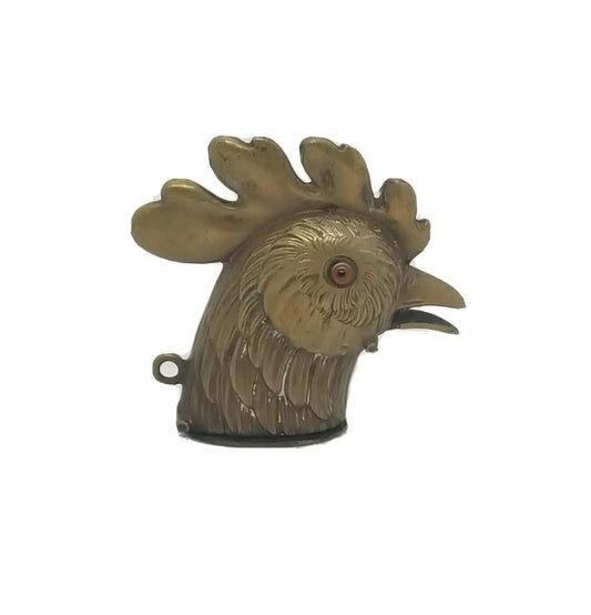 Antique Brass Pop Open Rooster Head Match Safe Vesta Case Box Original Glas Eyes