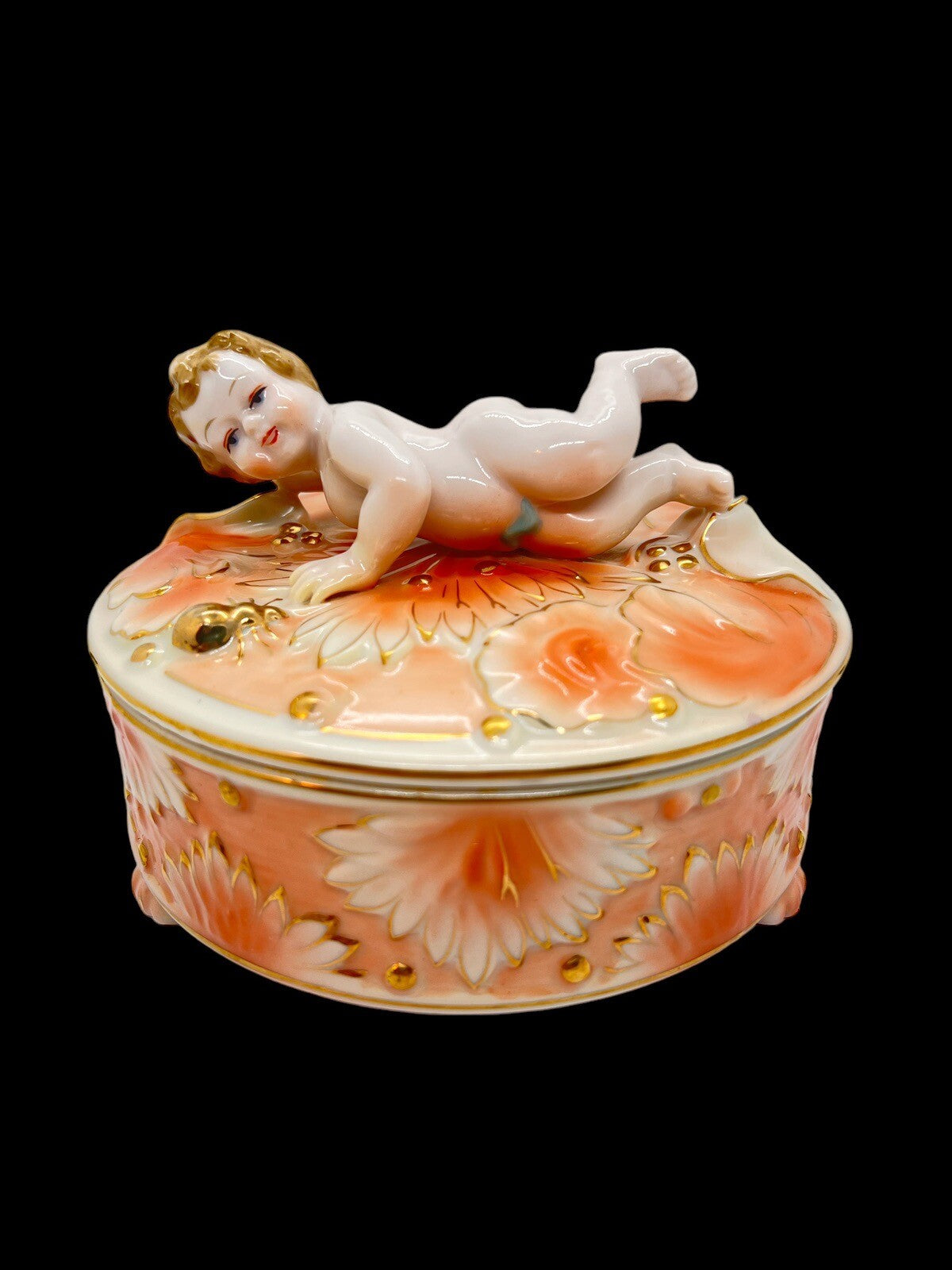 Antique Cherub Lg 6” Peach Gold Encrusted Jewelry Casket Powder Vanity Candy Box