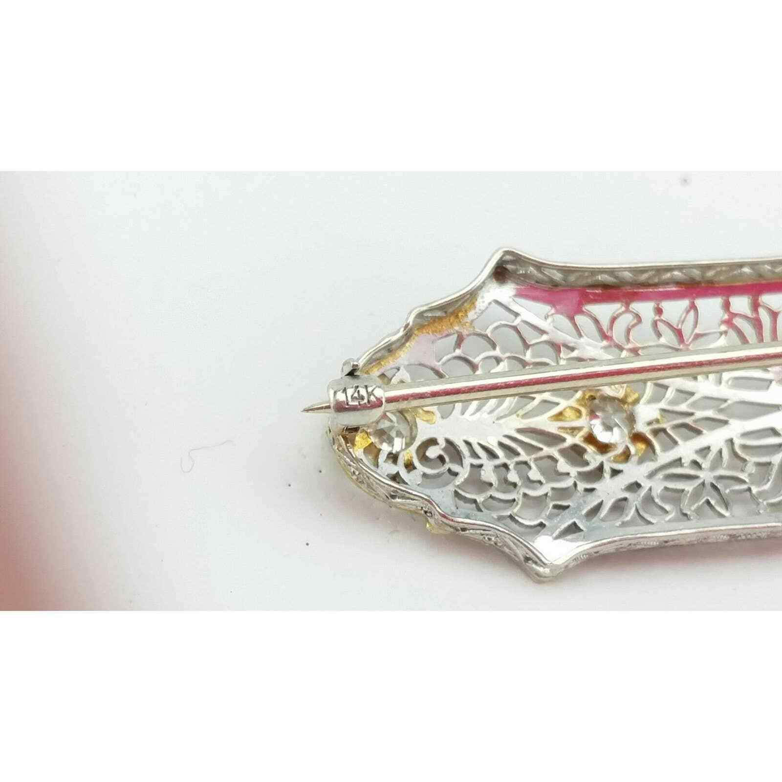 Antique Art Deco Diamond 14k Solid Gold & Platinum Filigree Bar Brooch Pin 4.5g