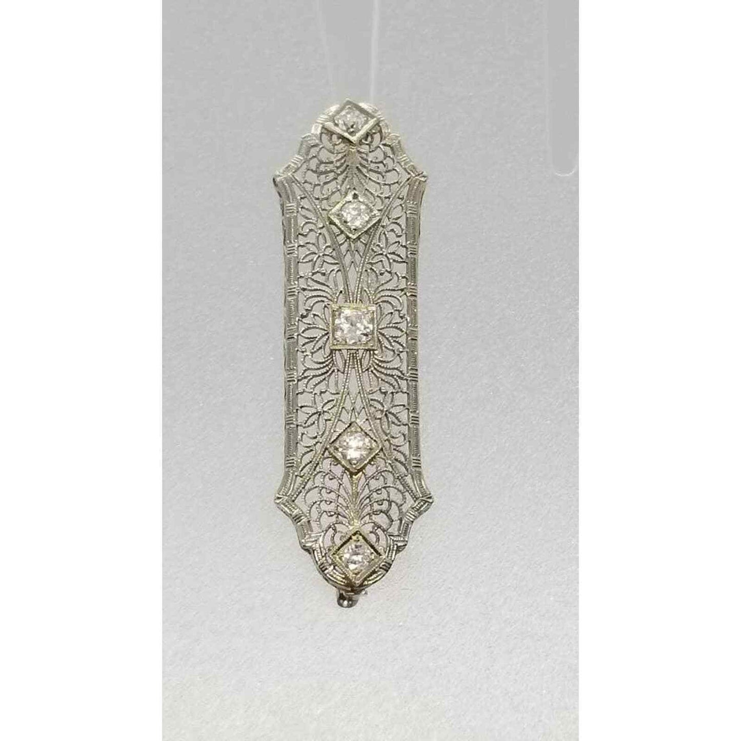 Antique Art Deco Diamond 14k Solid Gold & Platinum Filigree Bar Brooch Pin 4.5g