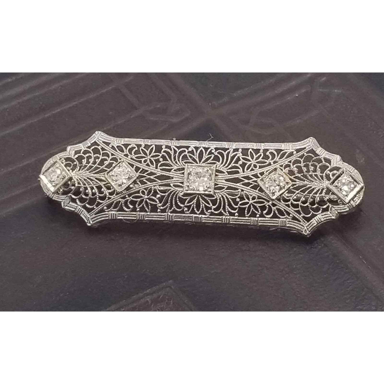 Antique Art Deco Diamond 14k Solid Gold & Platinum Filigree Bar Brooch Pin 4.5g