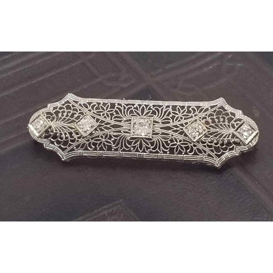 Antique Art Deco Diamond 14k Solid Gold & Platinum Filigree Bar Brooch Pin 4.5g