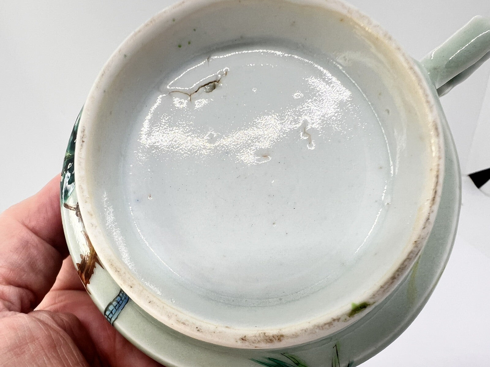 19C Lg Chinese Celadon Famille Rose Bird Fruit Flower Butterfly ￼Tea Cup Canton