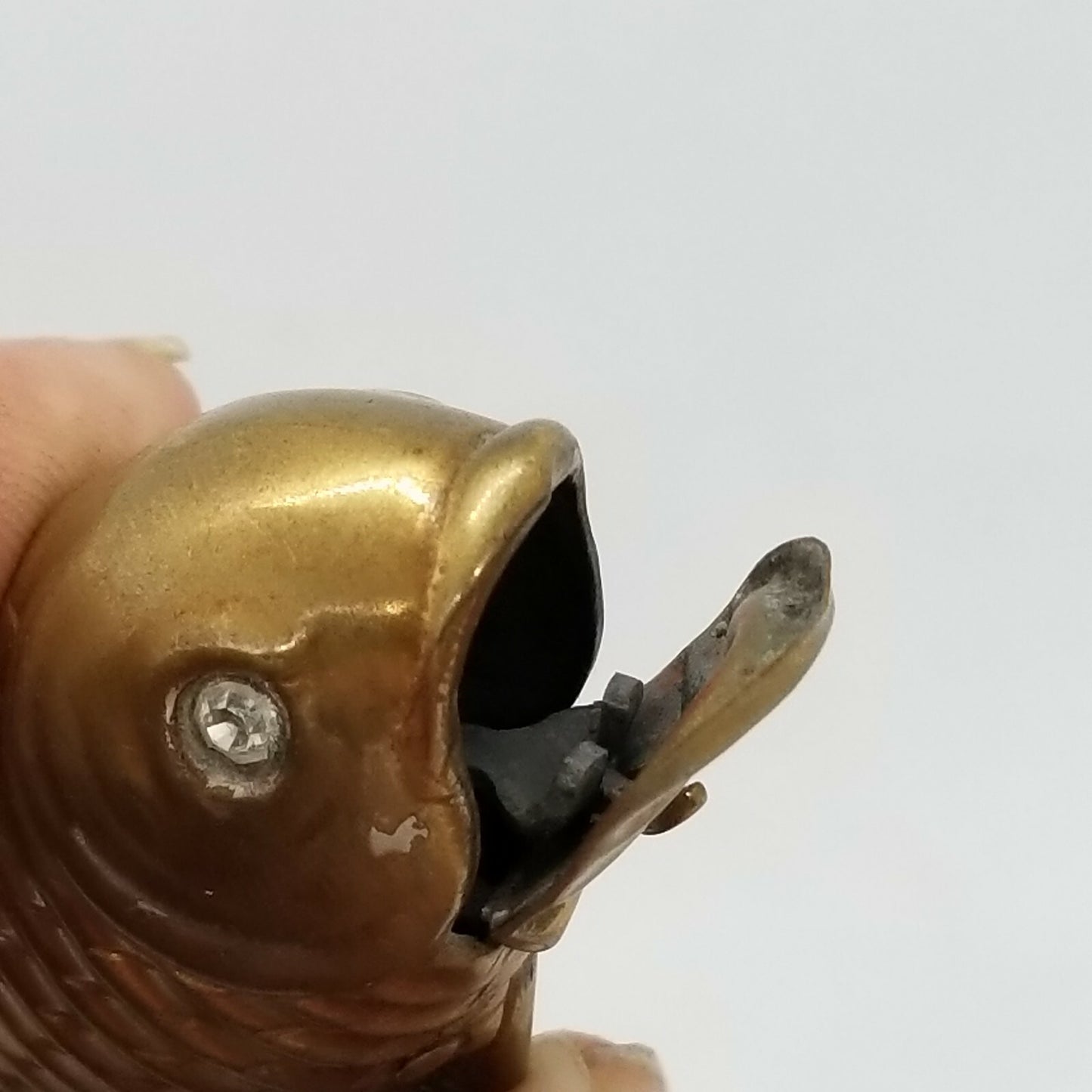 Antique Brass Figural Fish Match Safe Vesta Case Glass Eyes Mechanical