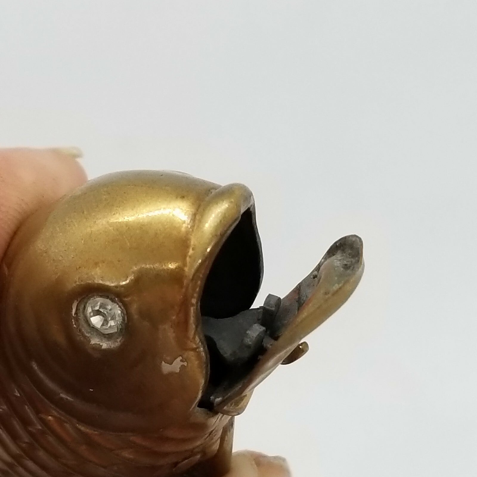 Antique Brass Figural Fish Match Safe Vesta Case Glass Eyes Mechanical