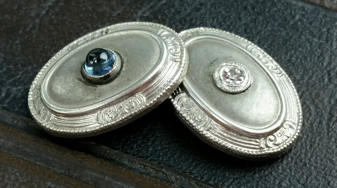 1920's Art Deco Night & Day Solid 14k Gold Mine Cut Diamond & Sapphire Cufflinks