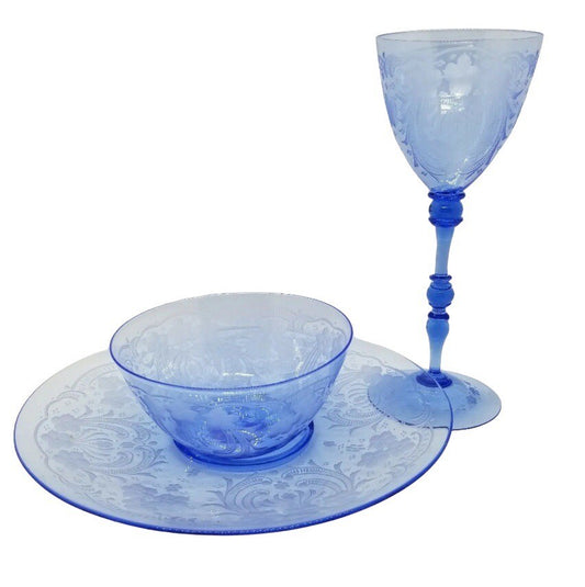 23pc 1920's Italian Salviati Murano Blue Etch Crystal Dessert  8, 3pc Place Set