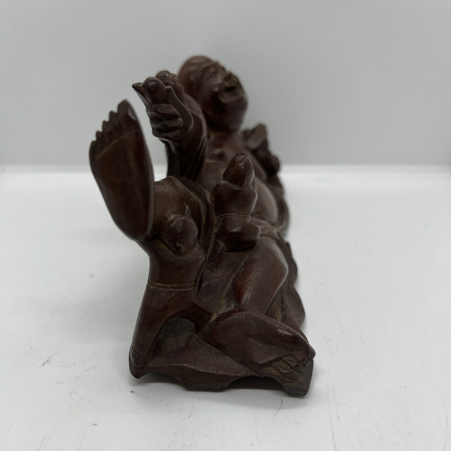Antique Chinese Carved Boxwood Reclining Hotei Happy Buddha Wood No Base